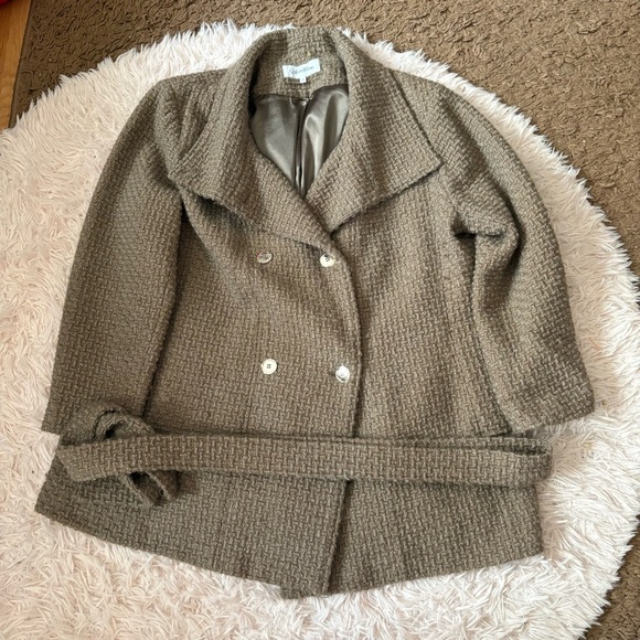 Calvin Klein Brown Wool Blend Pea Coat Boucle Knit Sz 2X Waist Tie Women’s - Picture 2 of 7